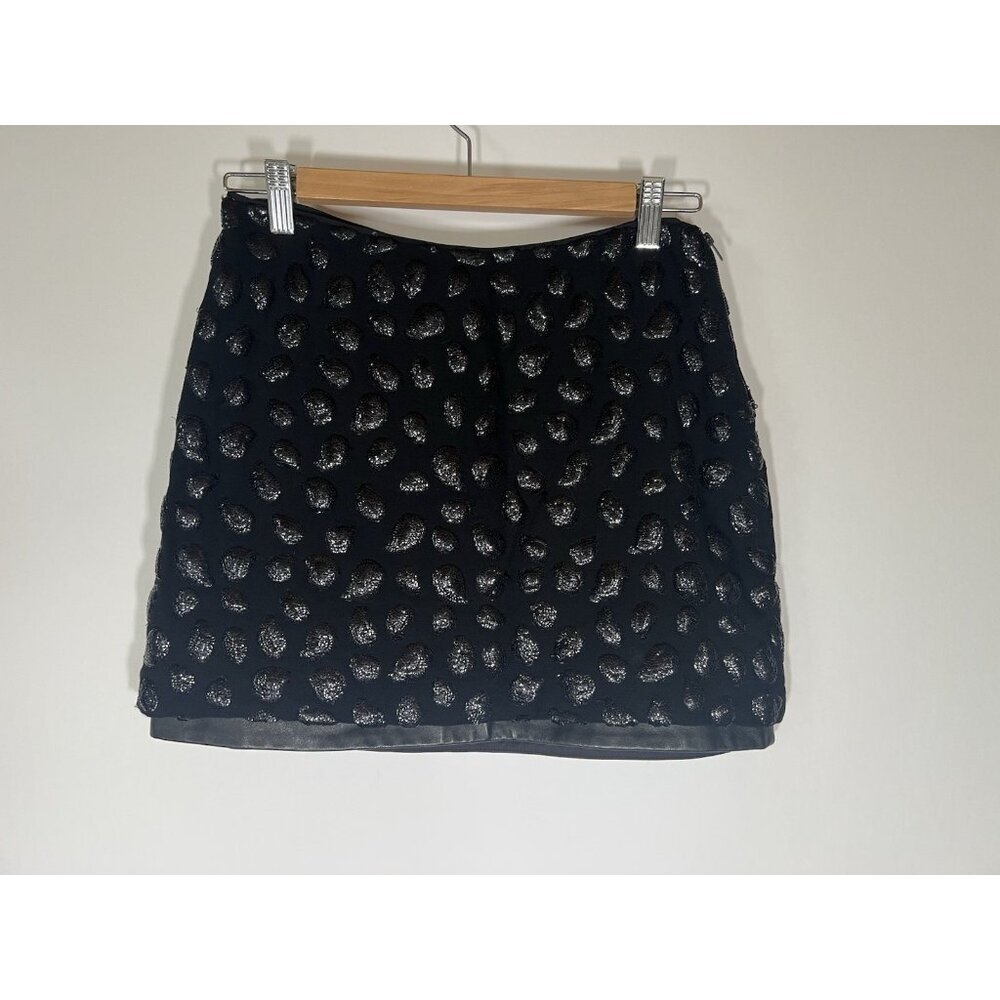 Diane von Furstenberg Elly black mini sequin leather trim skirt size 6